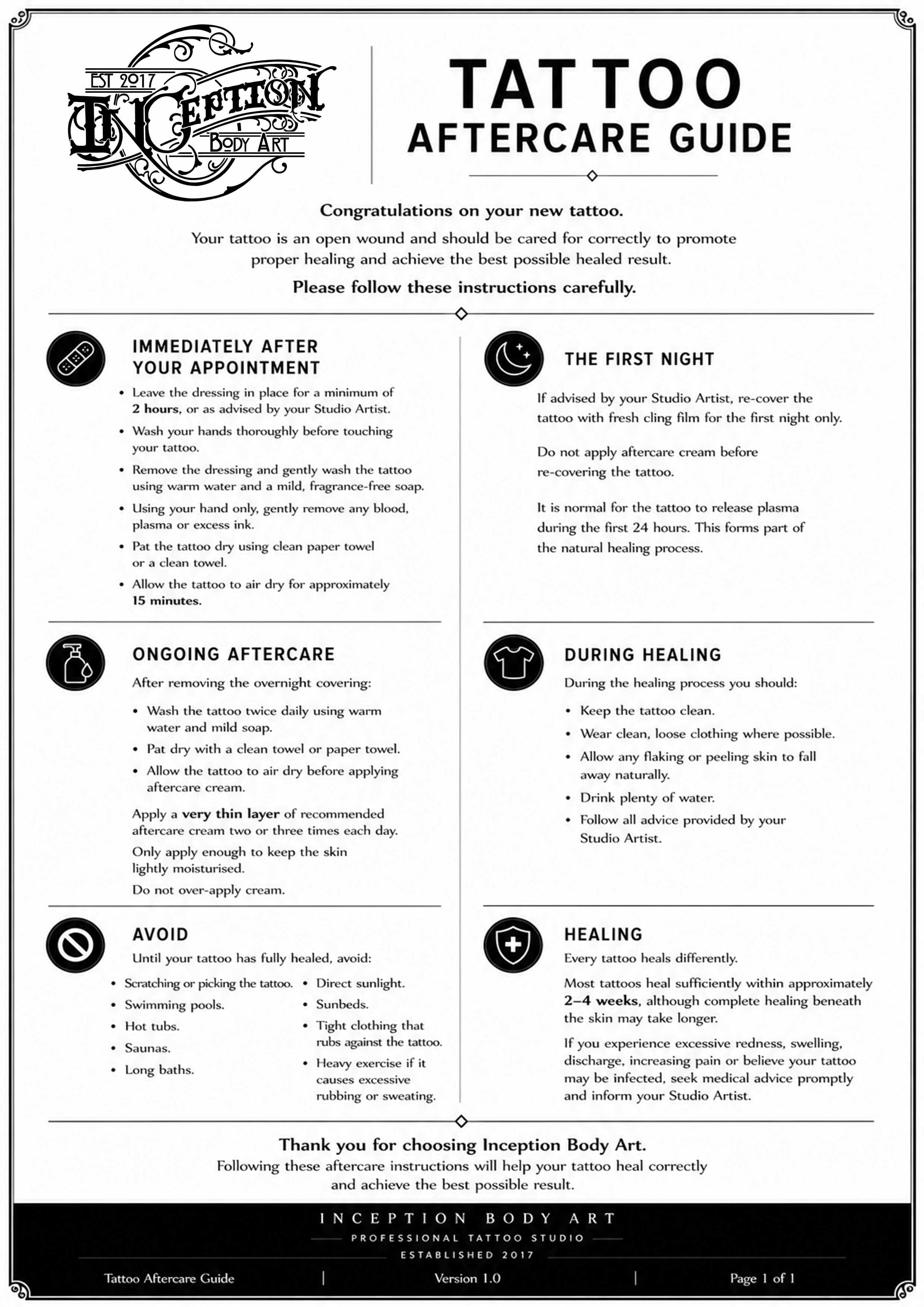 Inception Body Art official tattoo aftercare guide