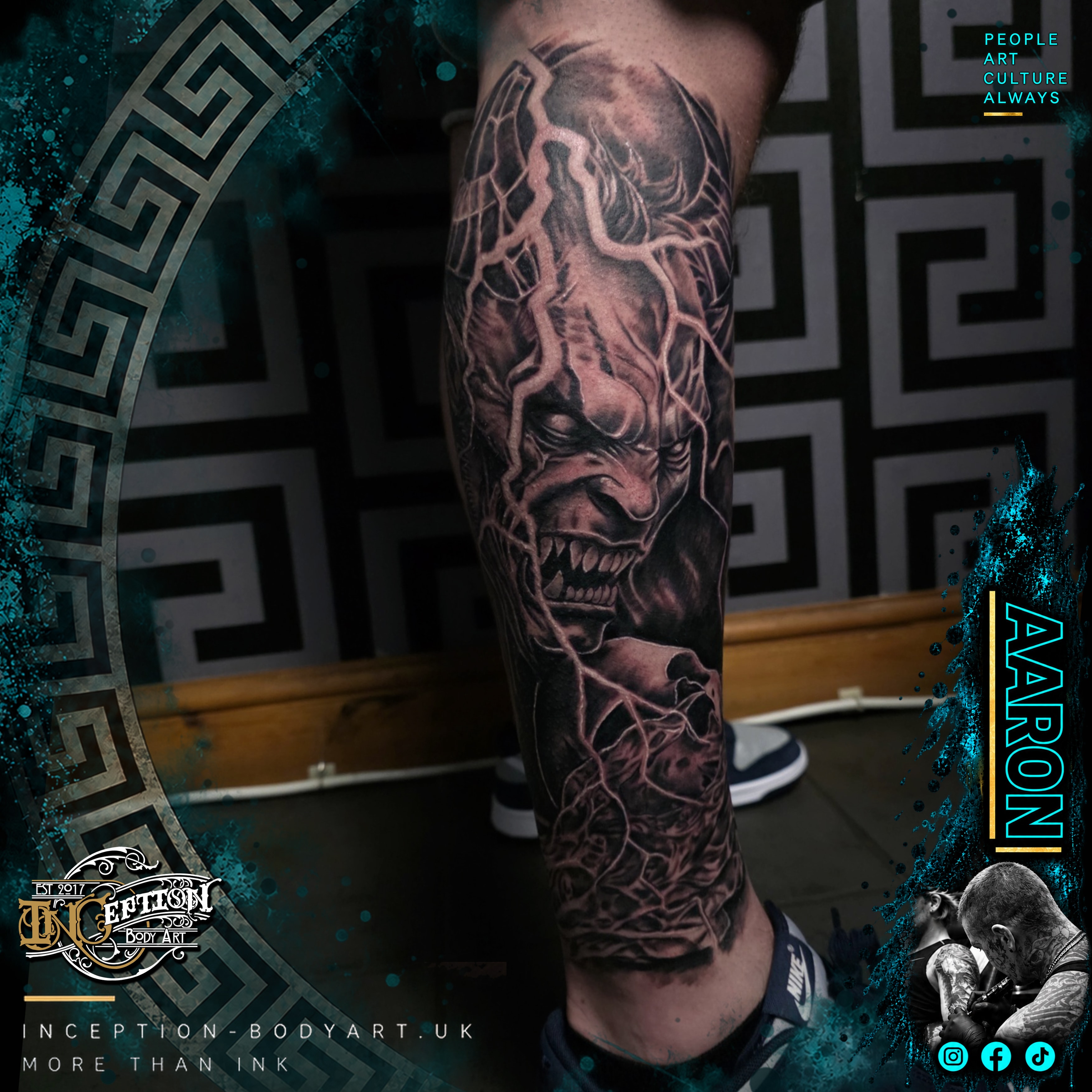 Demon sleeve black and grey realism tattoo by Aaron