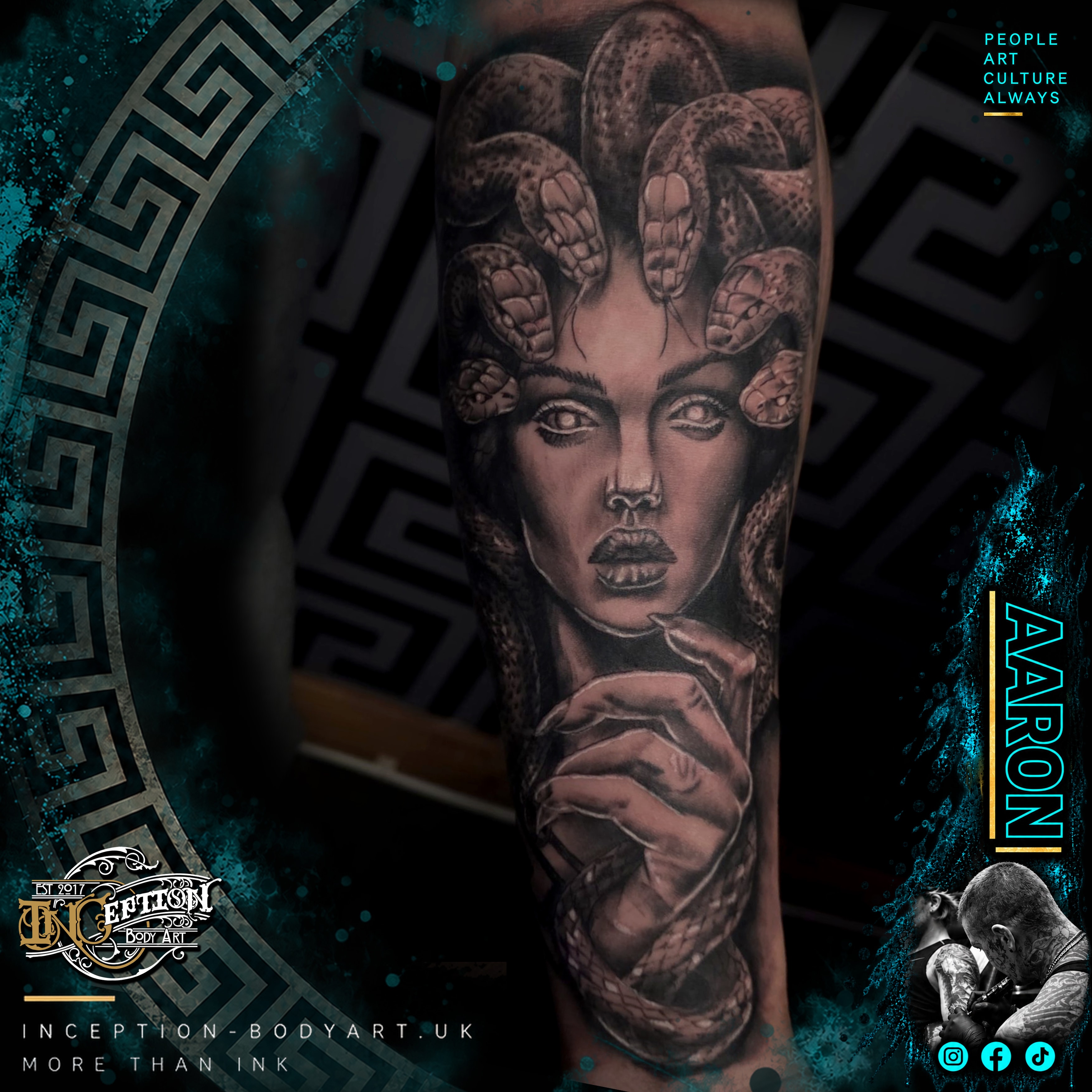Medusa black and grey realism tattoo by Aaron