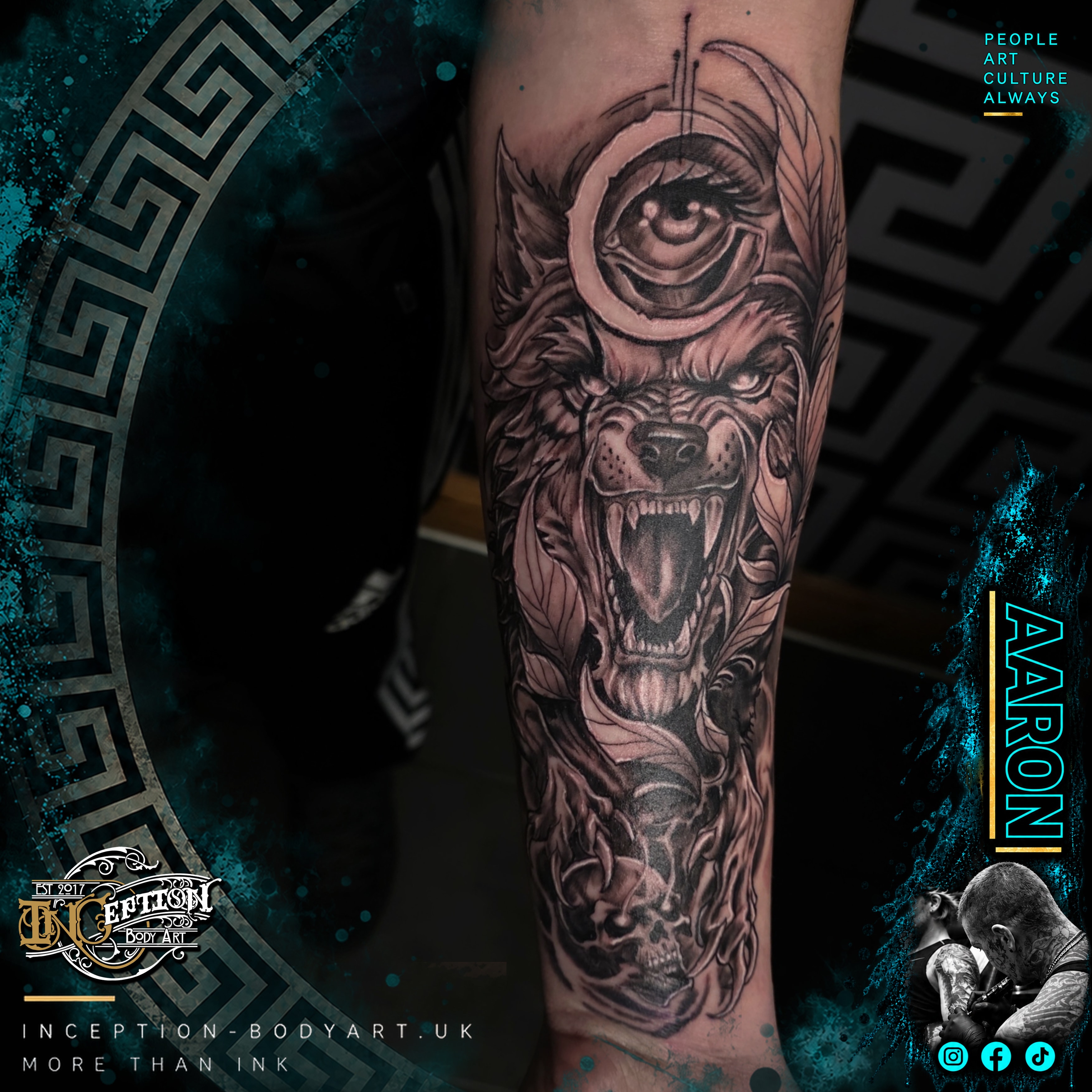 Wolf with all-seeing eye black and grey sleeve tattoo by Aaron