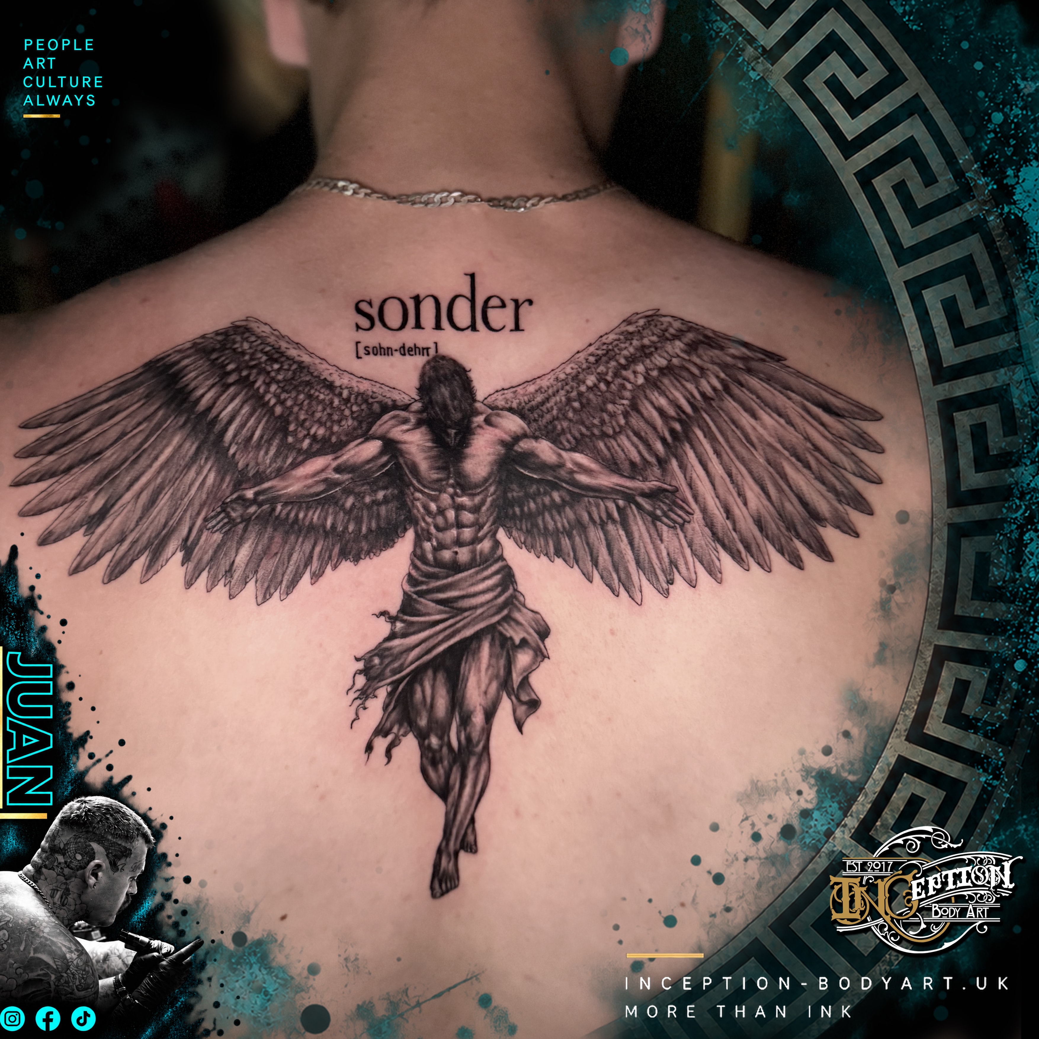 Black and grey angel back piece tattoo by Juan