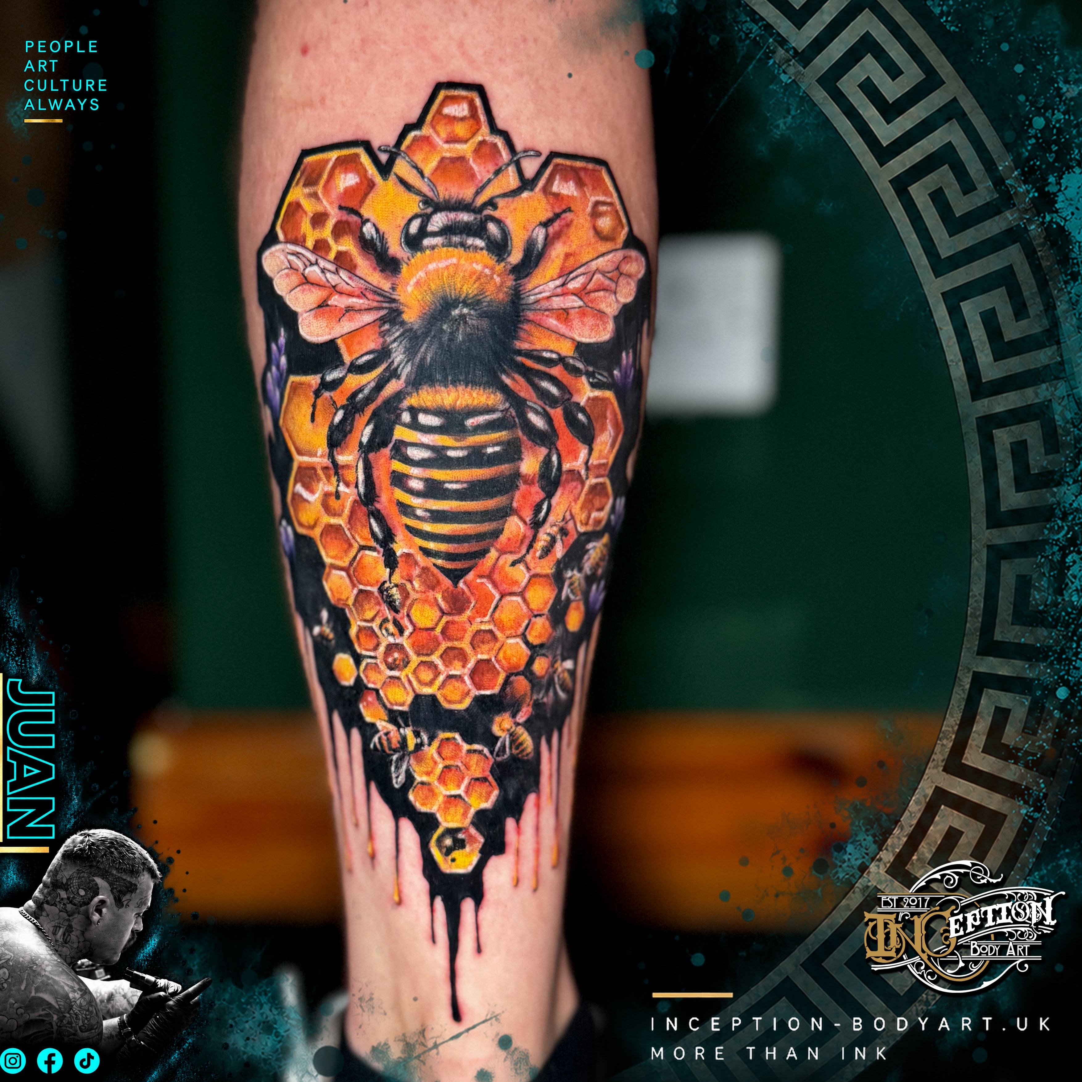 Colour realism bee and honeycomb tattoo by Juan