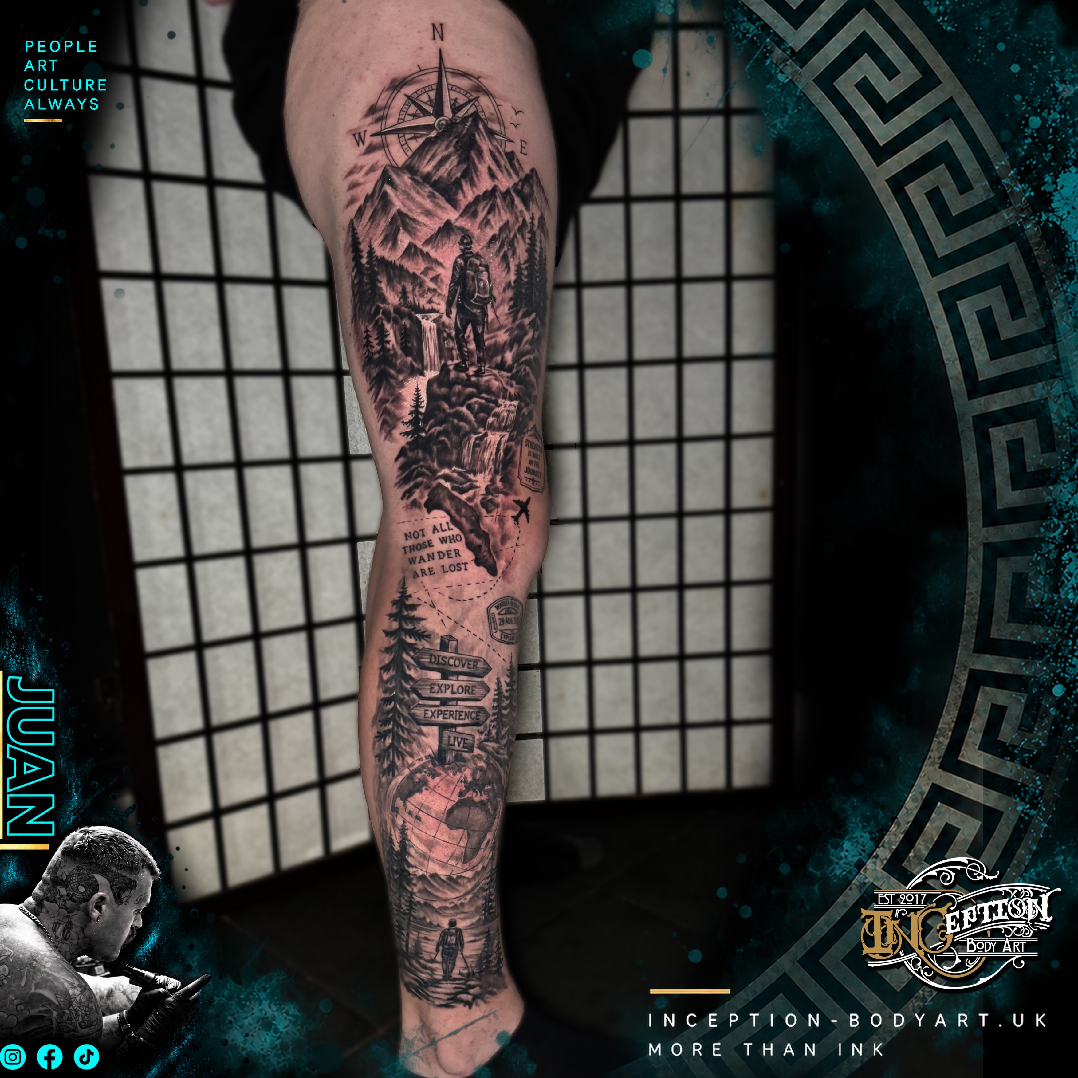 Black and grey adventure exploration sleeve tattoo by Juan